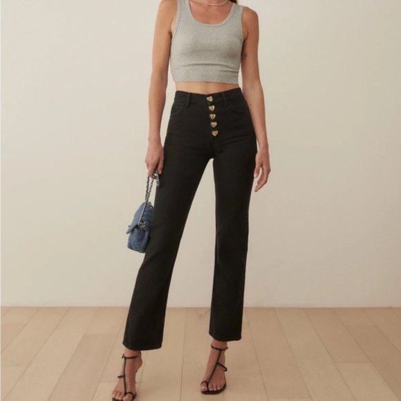 Reformation Cynthia Gold Heart Button High Rise Straight Black Jeans - brand new - Picture 1 of 3